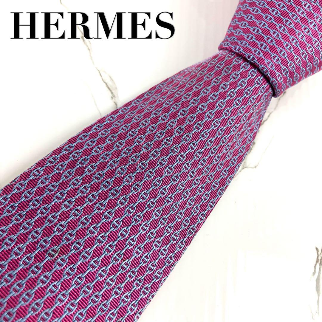 HERMES エルメス　ネクタイ　シェーヌダンクル総柄　ジャガード　ワインレッド