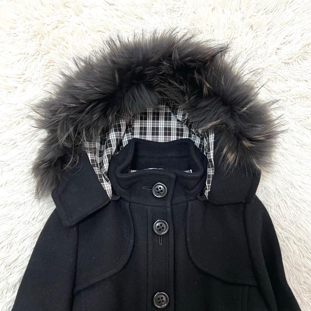 バーバリーブルーレーベル アンゴラウールコート ラクーンファー フード ベルトM