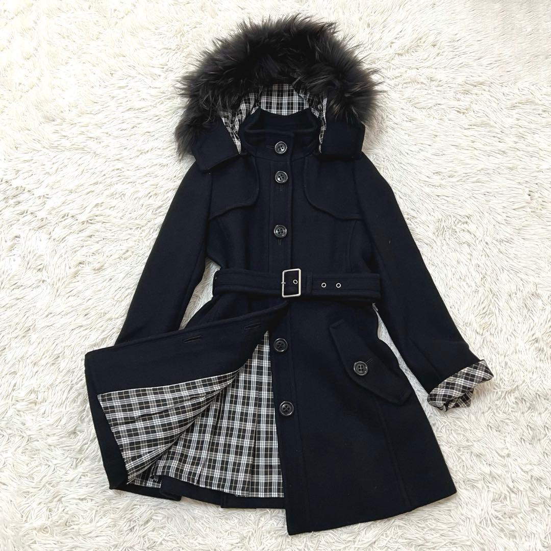 バーバリーブルーレーベル アンゴラウールコート ラクーンファー フード ベルトM