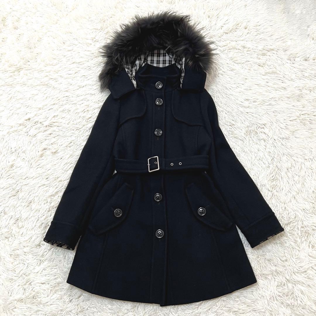 バーバリーブルーレーベル アンゴラウールコート ラクーンファー フード ベルトM