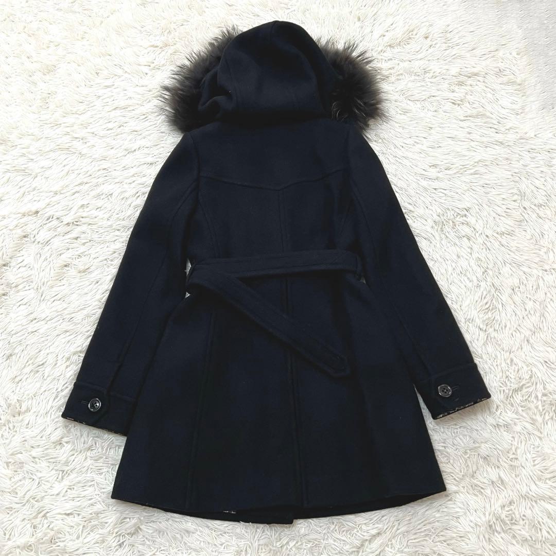 バーバリーブルーレーベル アンゴラウールコート ラクーンファー フード ベルトM