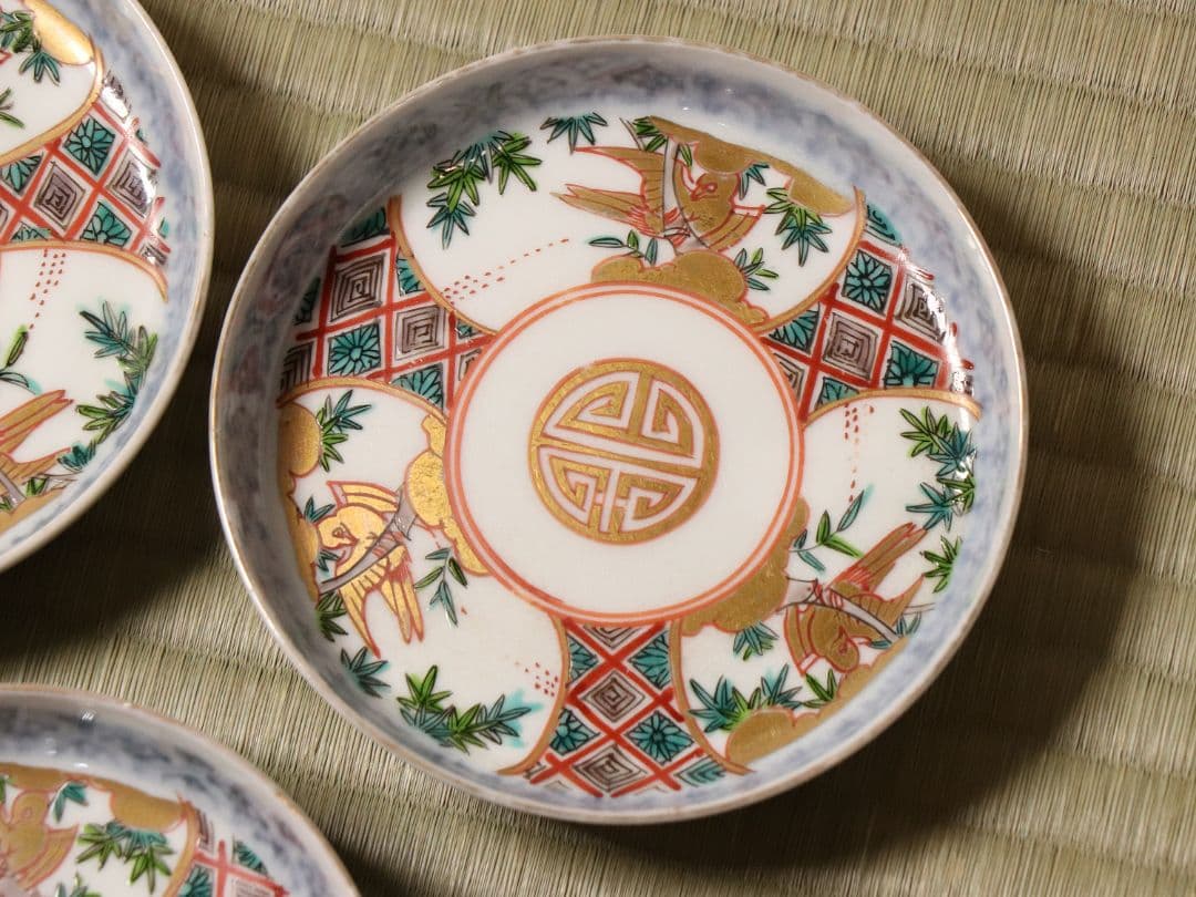 【CM19】古伊万里 竹鳥図 色絵 小皿 五客 11.9cm 小紋 錦手 金彩