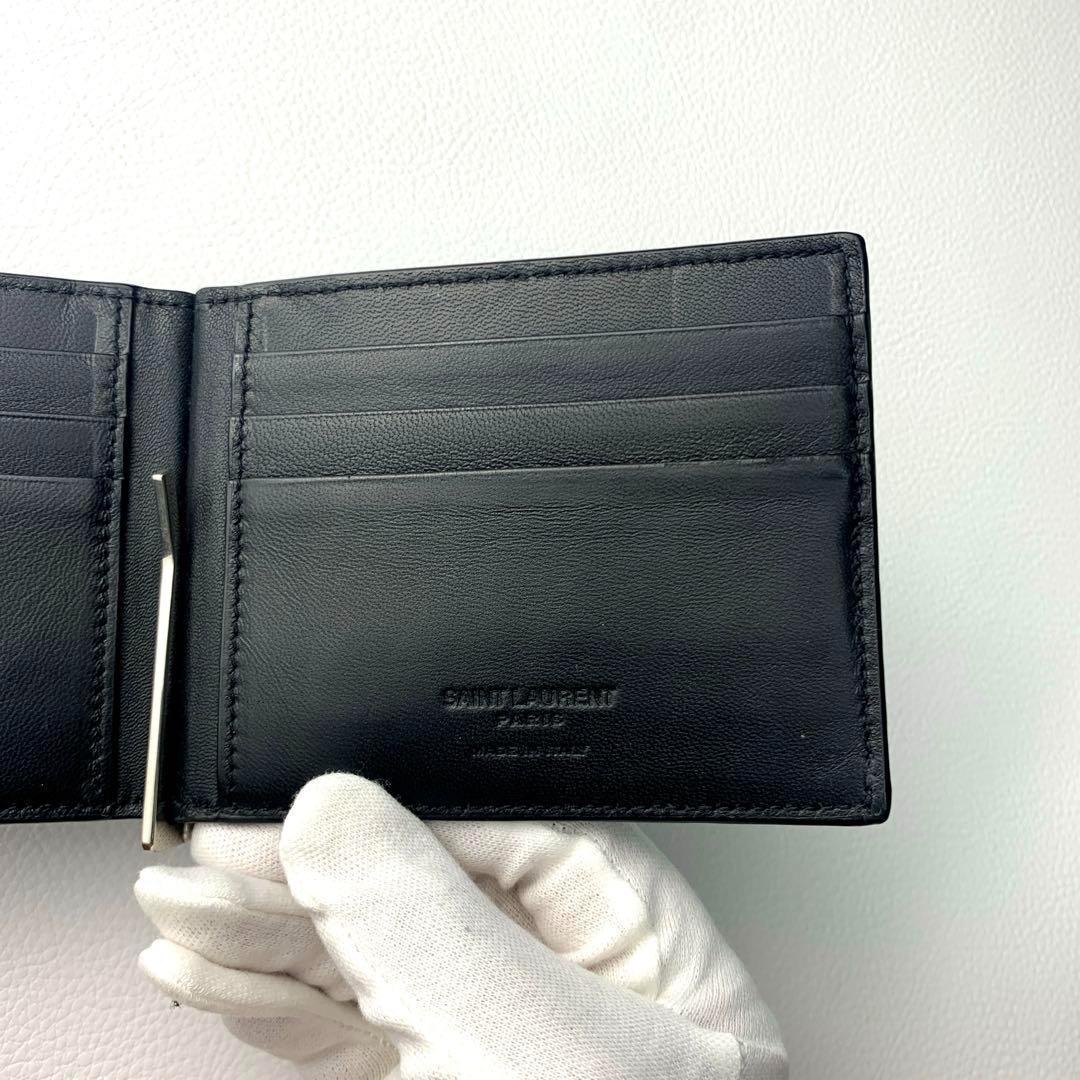 【未使用級】サンローラン マネークリップ 二つ折り財布 クロコ型押し ブラック