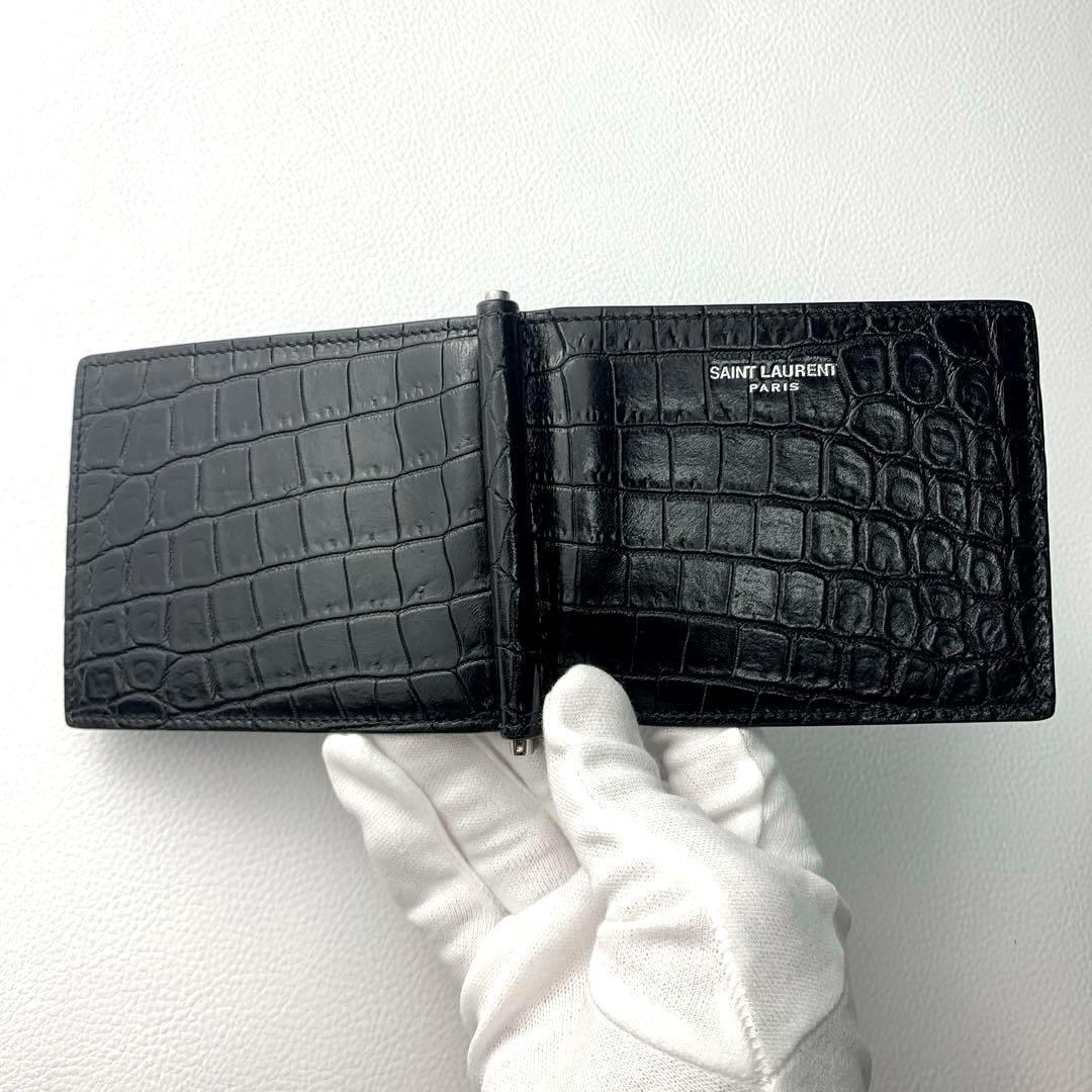 【未使用級】サンローラン マネークリップ 二つ折り財布 クロコ型押し ブラック