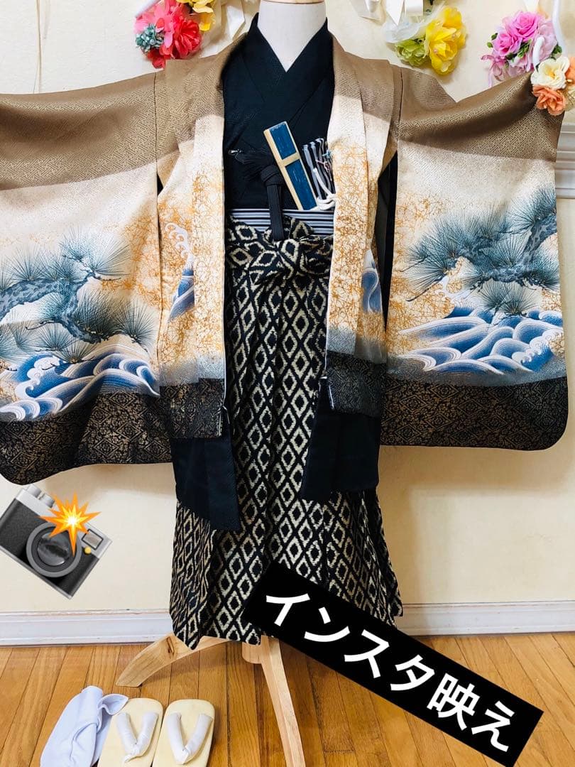 七五三 五歳‼️黒地に鷹金箔金彩煌びやか輝く‼️袴金蘭‼️家から揃える無し秀品