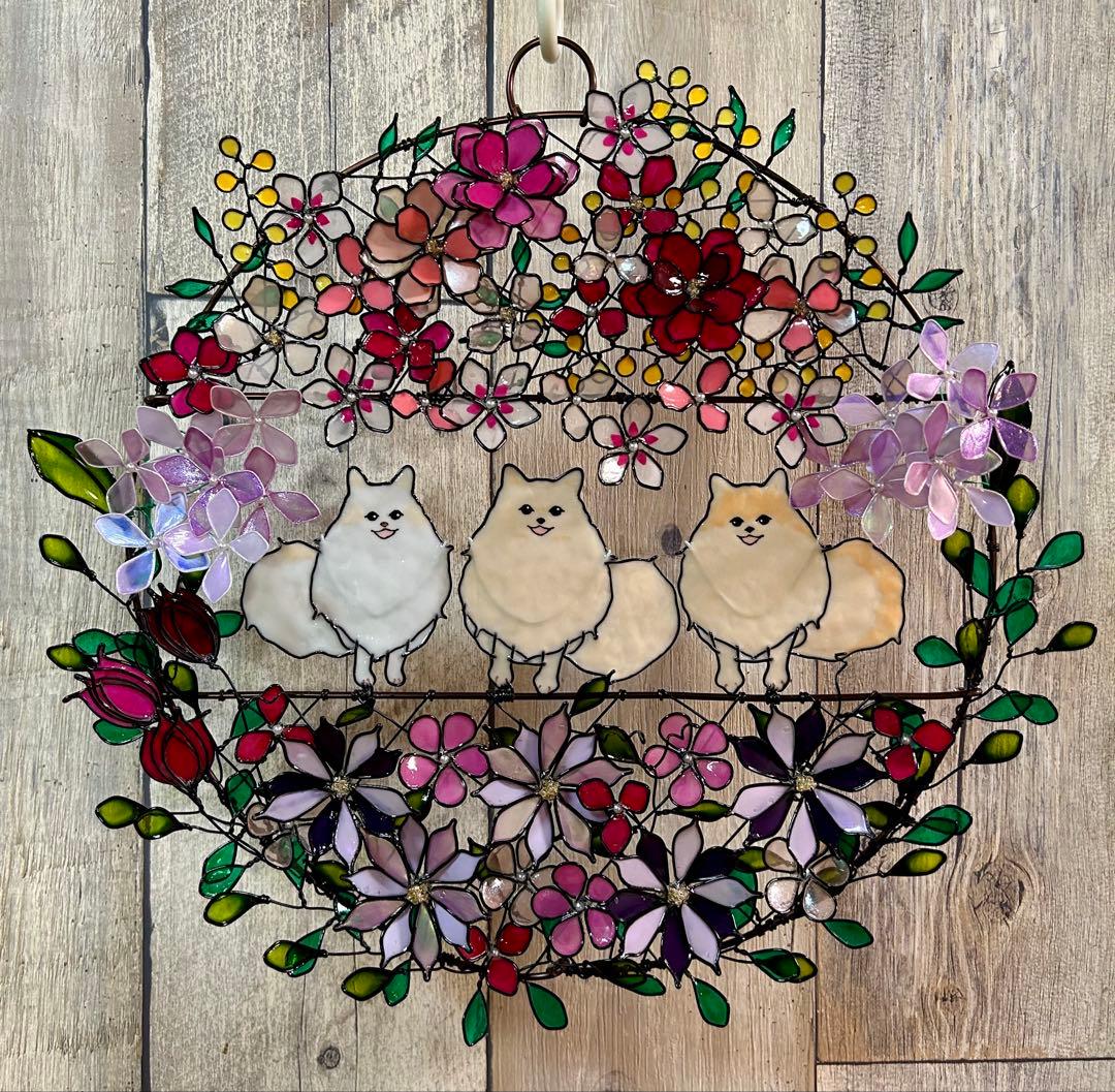ぽん「3ポメ~お花リース」「ポメと柴犬~インコS字飾り」