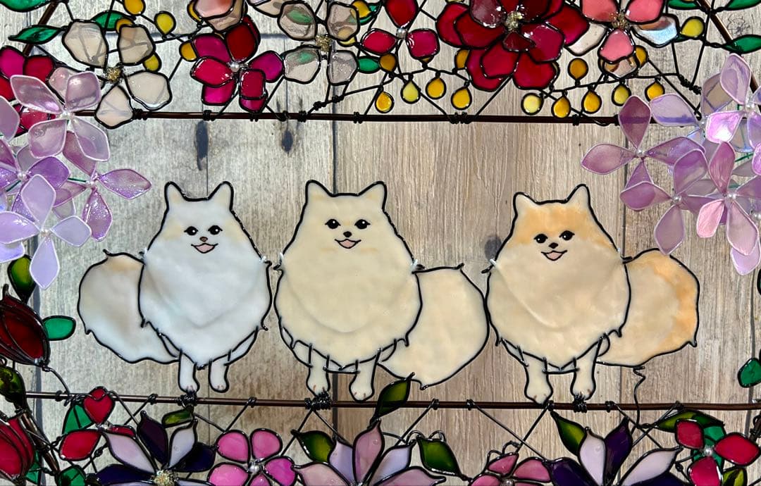 ぽん「3ポメ~お花リース」「ポメと柴犬~インコS字飾り」