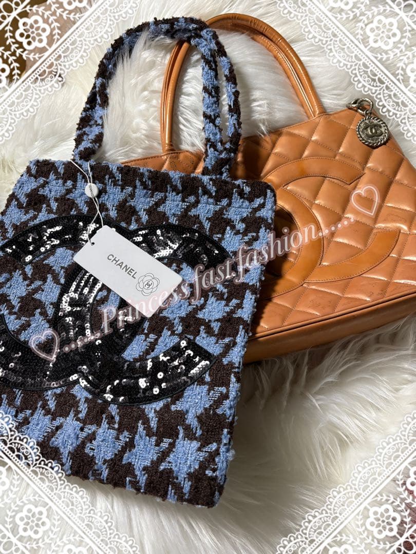 サ*ラ様 シャネル CHANEL 千鳥 ブルー スパンコール トートバッグ／#0