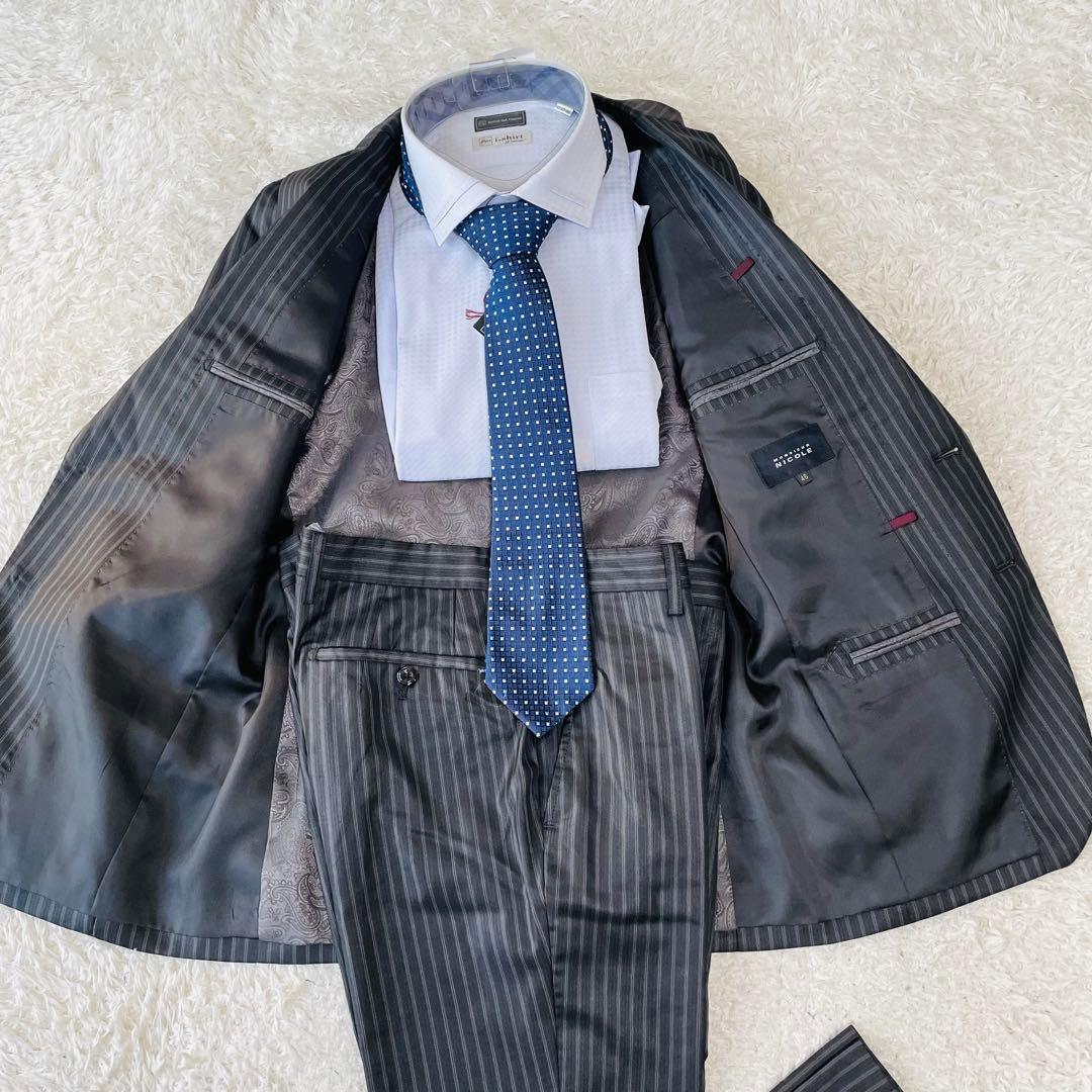 美品◆ムッシュニコル　スーツ　セットアップ　光沢　裏地ペイズリー　ストライプ46