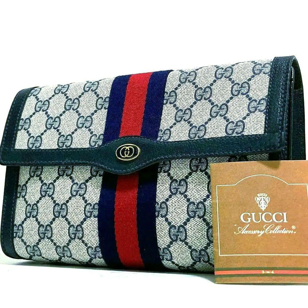 極美品 GUCCI クラッチバッグ シェリーライン インターロッキング ネイビー