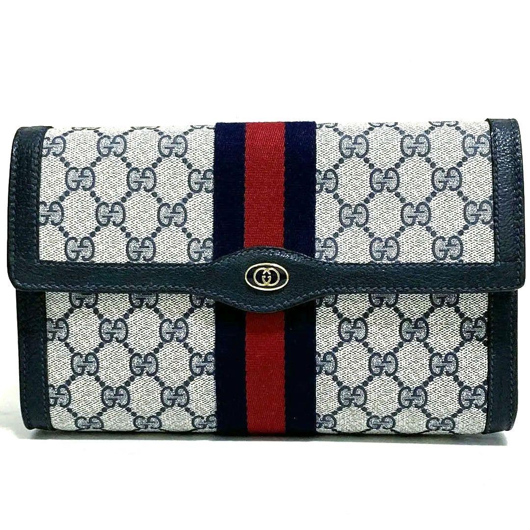 極美品 GUCCI クラッチバッグ シェリーライン インターロッキング ネイビー