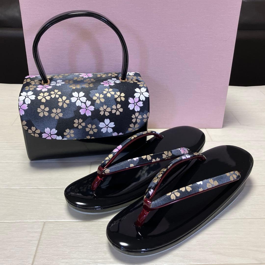 《未使用》草履バッグセット　舞桜　黒　成人式　24.5 箱付き