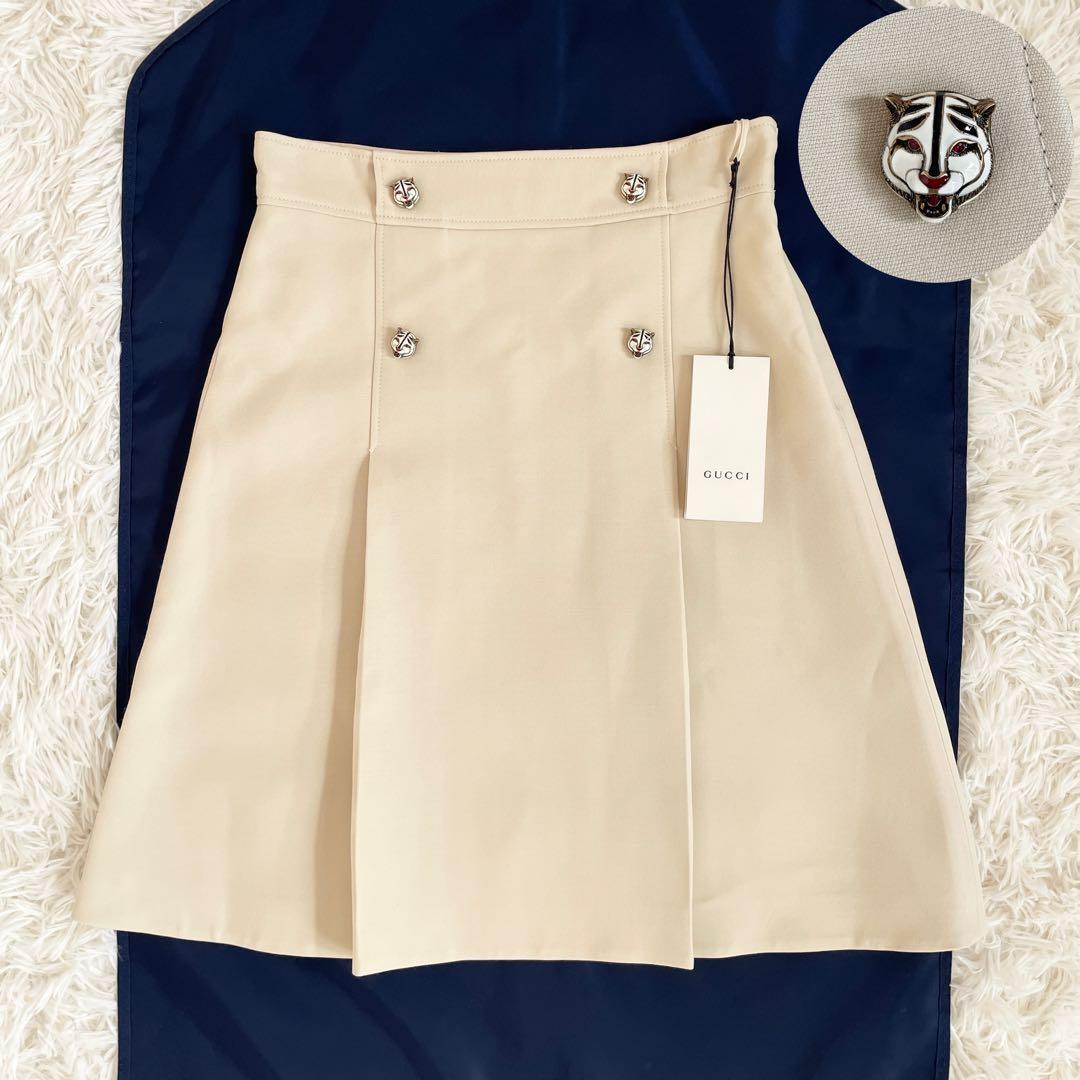 新品タグ付　グッチ　大きいサイズXL　プリーツスカート　タイガーボタン　シルク