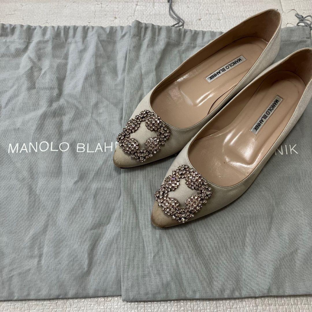 MANOLO BLAHNIK　ハンギシ　フラットパンプス　ベージュ　ゴールド