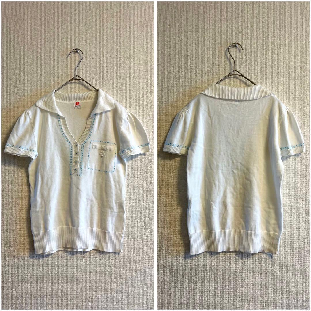 ヴィンテージ Courreges ブルーステッチ コットンポロシャツ