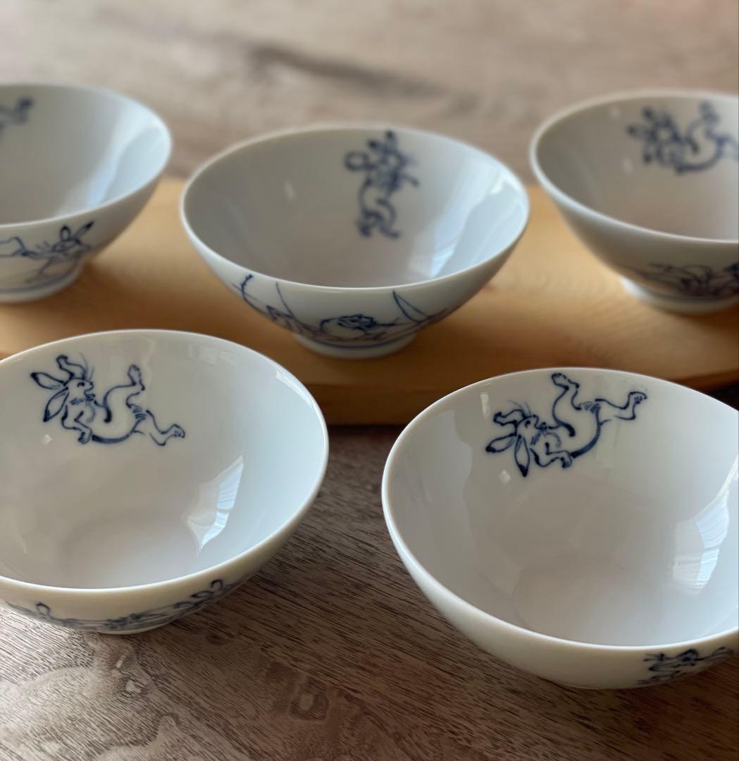 ききちゃん様 染付 鳥獣戯画 ごはん茶碗5つ＋豆皿５枚
