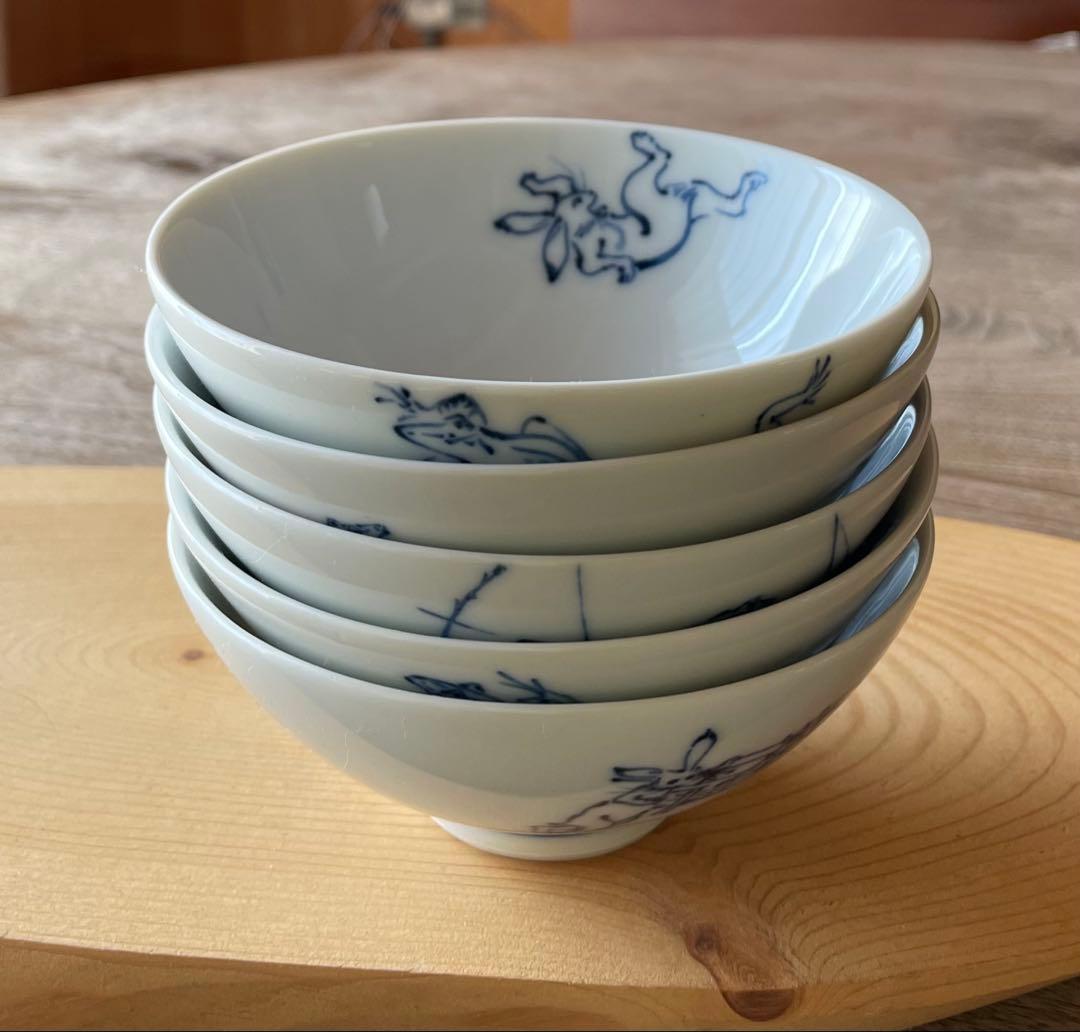 ききちゃん様 染付 鳥獣戯画 ごはん茶碗5つ＋豆皿５枚