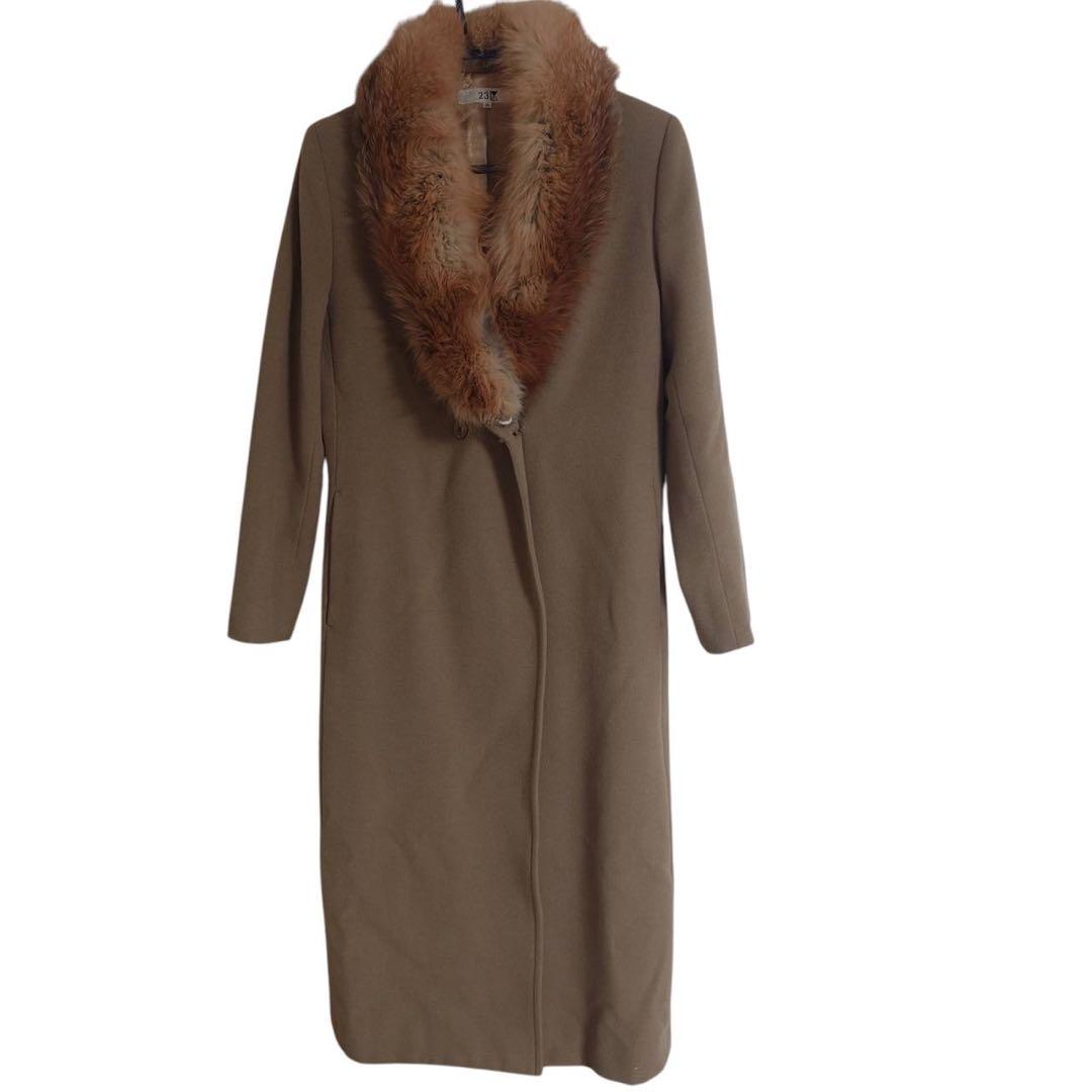 23区 フォックスファー付 ロングコート 40 アンゴラ混
