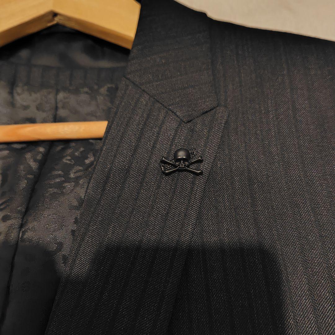 美品　ロエン　スリーピースセットアップスーツ　ドクロ　総柄　L ストライプ　黒