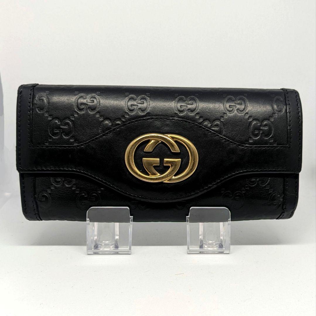GUCCI　長財布　GG　レザー　シマ　スーキー　ゴールド　黒