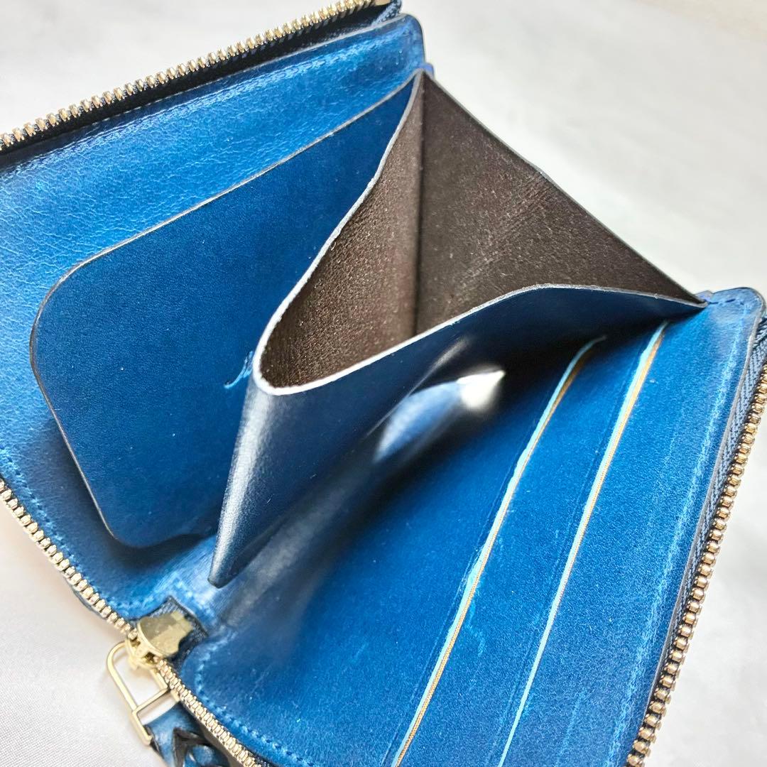 【美品】　Munekawa ムネカワ　L字ファスナー財布　クラム　ブルー　人気