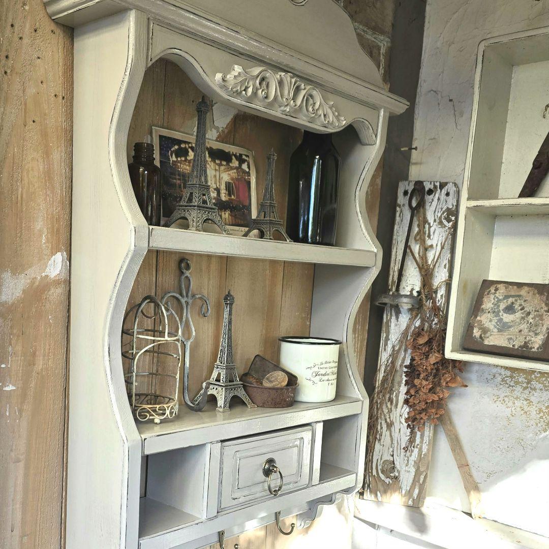 フレンチアンティークシャビー壁掛けシェルフ　ワイド450モール ベージュ