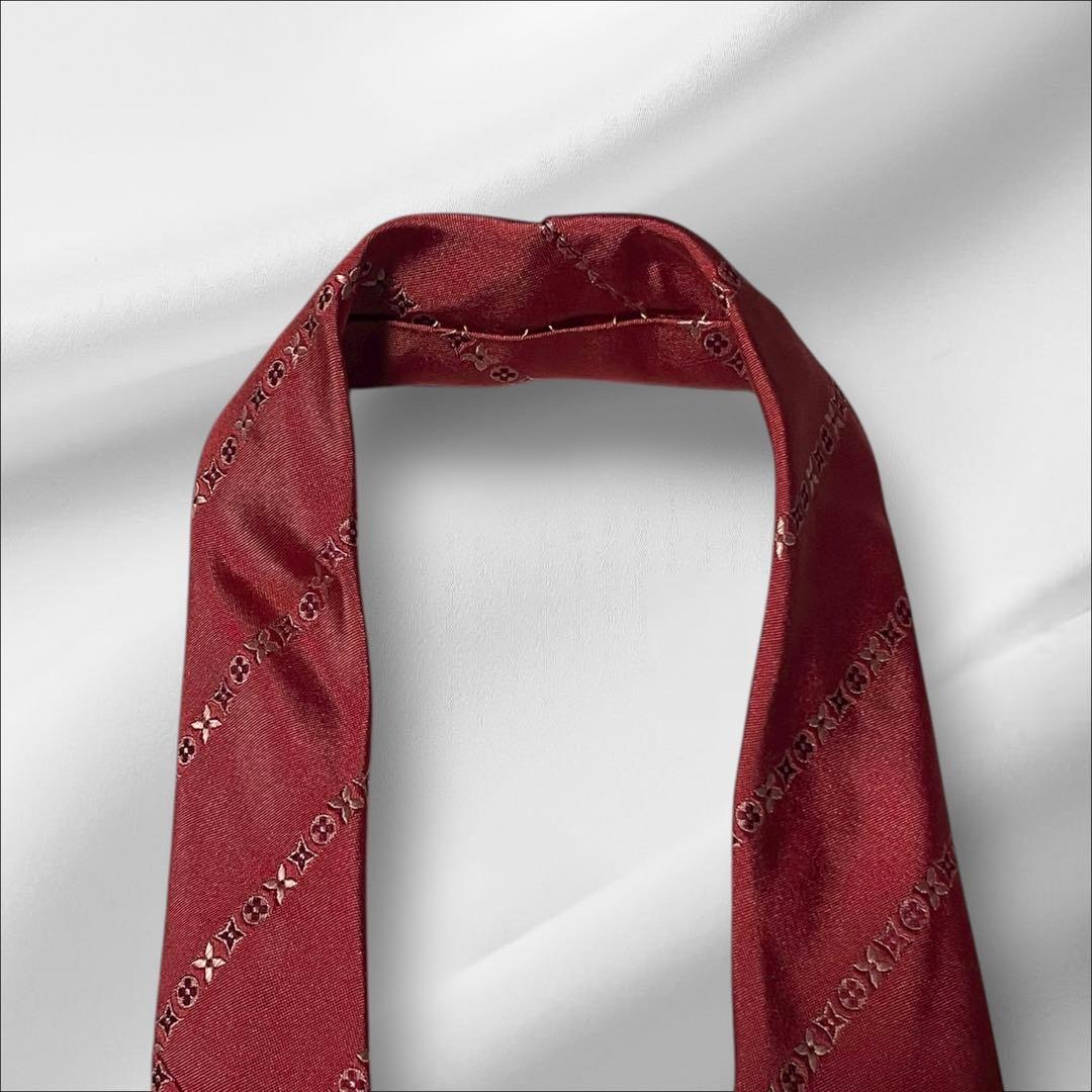 【超美品】ルイヴィトン ストライプ調 シンプル レッド 赤色 メンズ ネクタイ