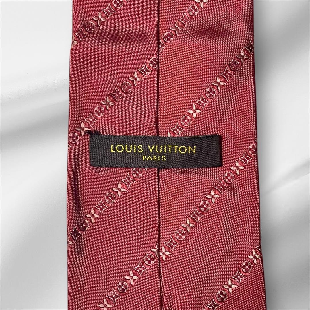 【超美品】ルイヴィトン ストライプ調 シンプル レッド 赤色 メンズ ネクタイ