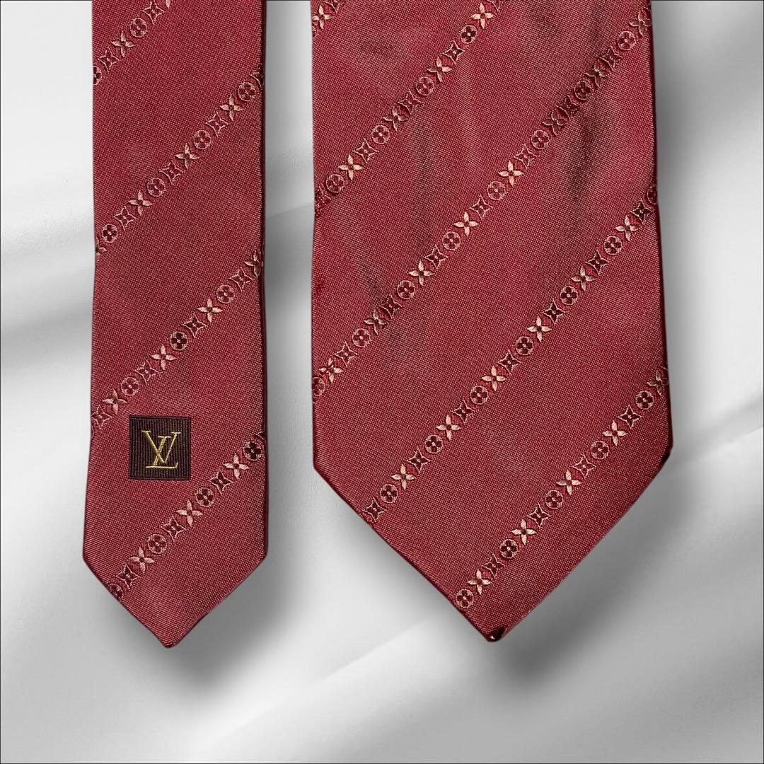 【超美品】ルイヴィトン ストライプ調 シンプル レッド 赤色 メンズ ネクタイ