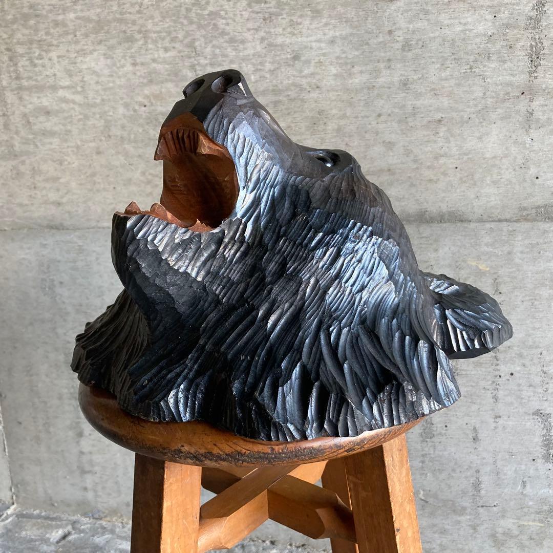 熊 ベア 壁掛け 置物 木製 木彫り 彫刻 顔 面 大型 動物 工芸品 レトロ