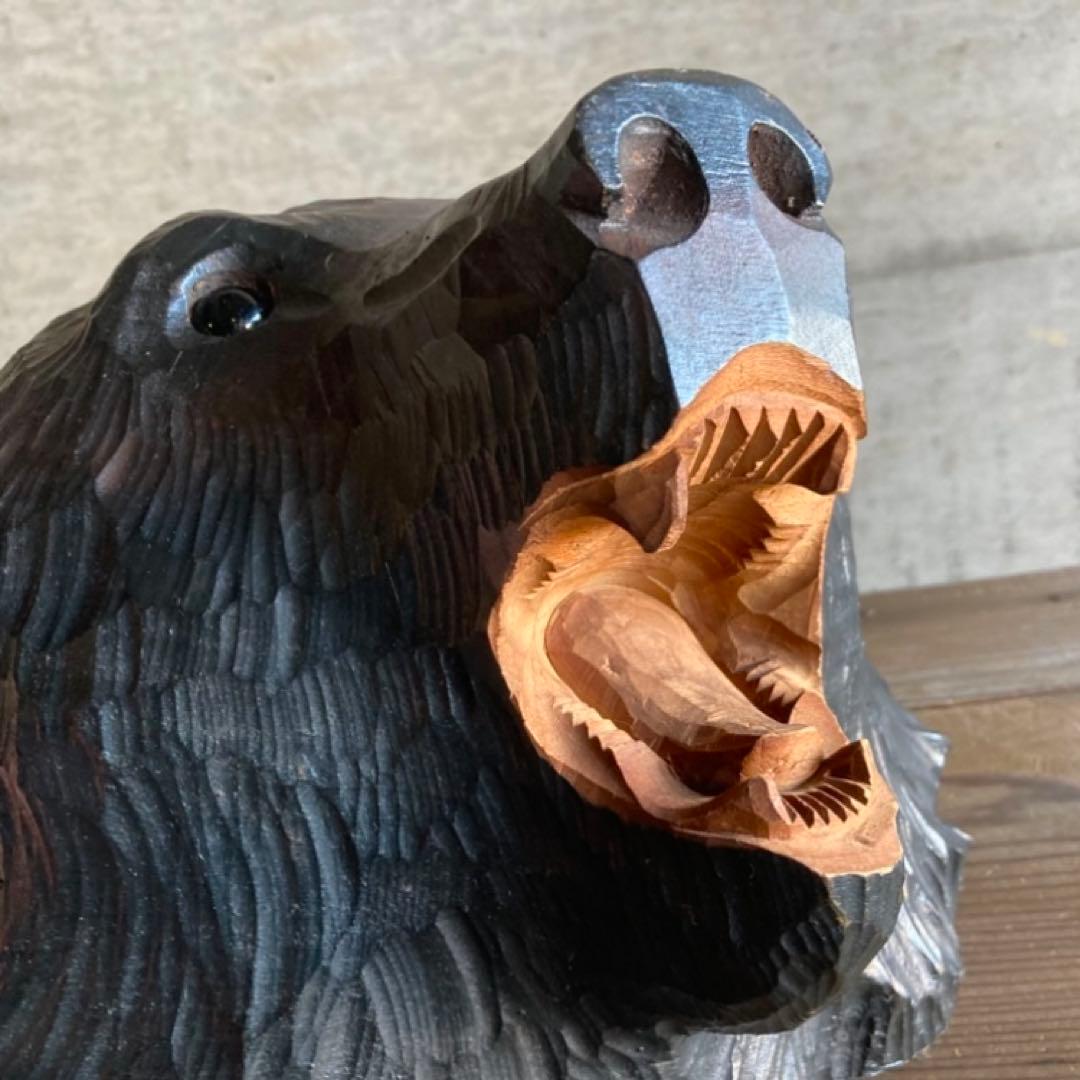 熊 ベア 壁掛け 置物 木製 木彫り 彫刻 顔 面 大型 動物 工芸品 レトロ