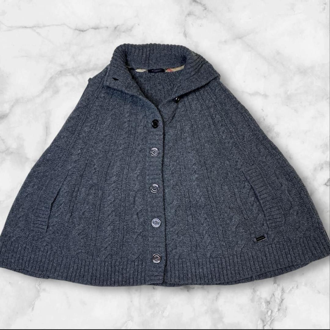 【美品】バーバリーロンドン　ポンチョ　ニット　 カシミヤ混　ハイネック グレー