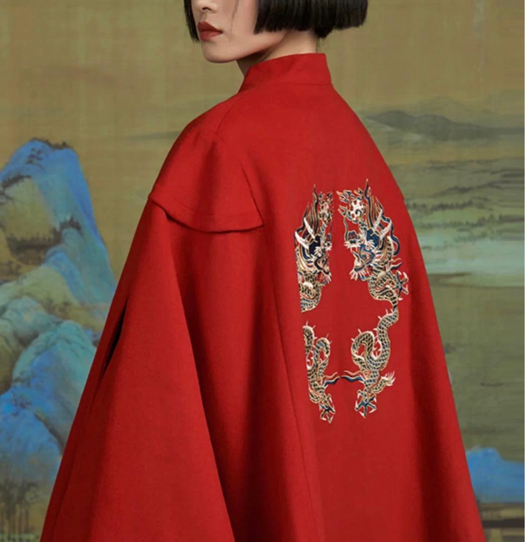 チャイナカラー ドラゴン龍 刺繍 ポンチョ・ケープコート 美品