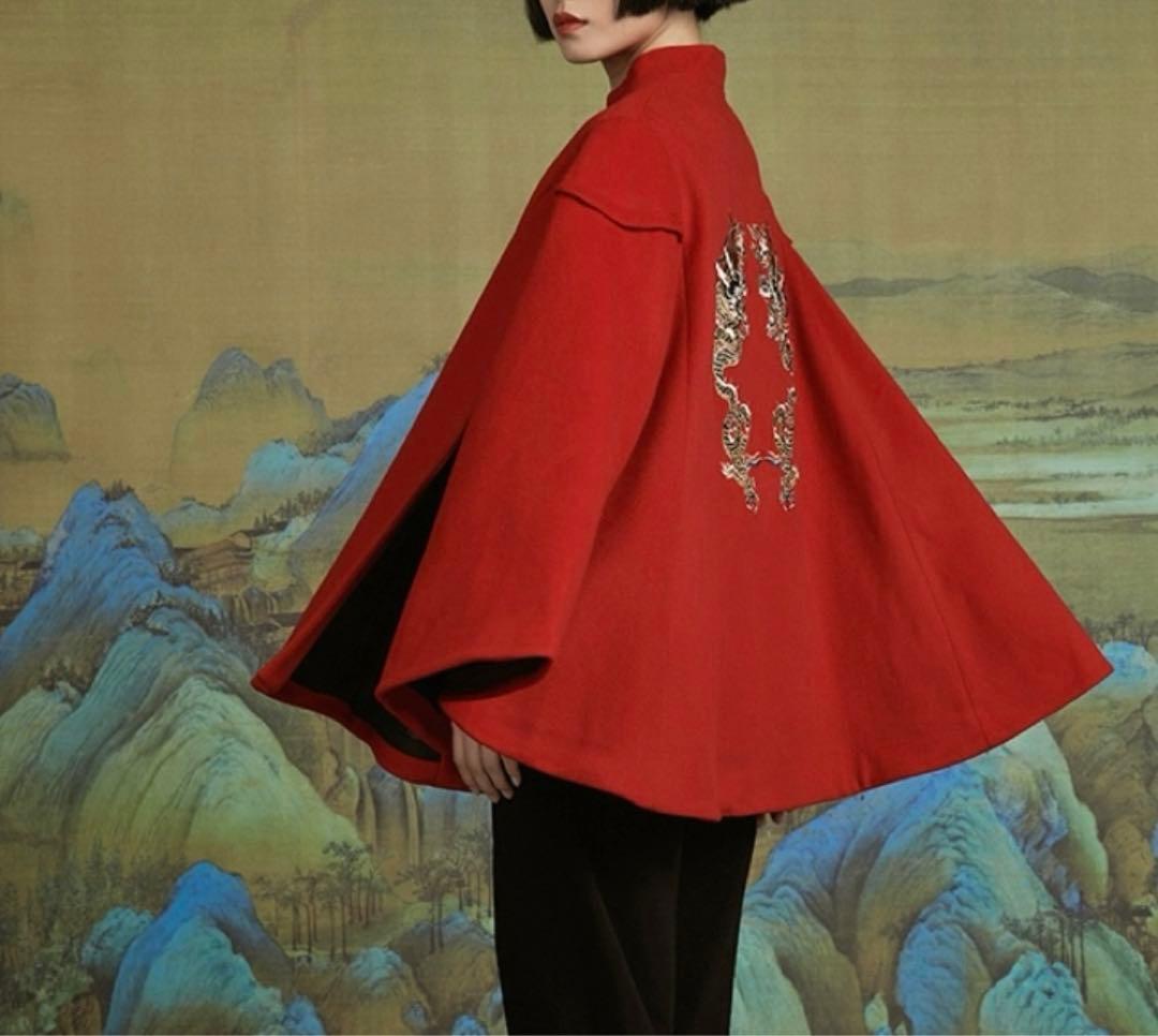 チャイナカラー ドラゴン龍 刺繍 ポンチョ・ケープコート 美品