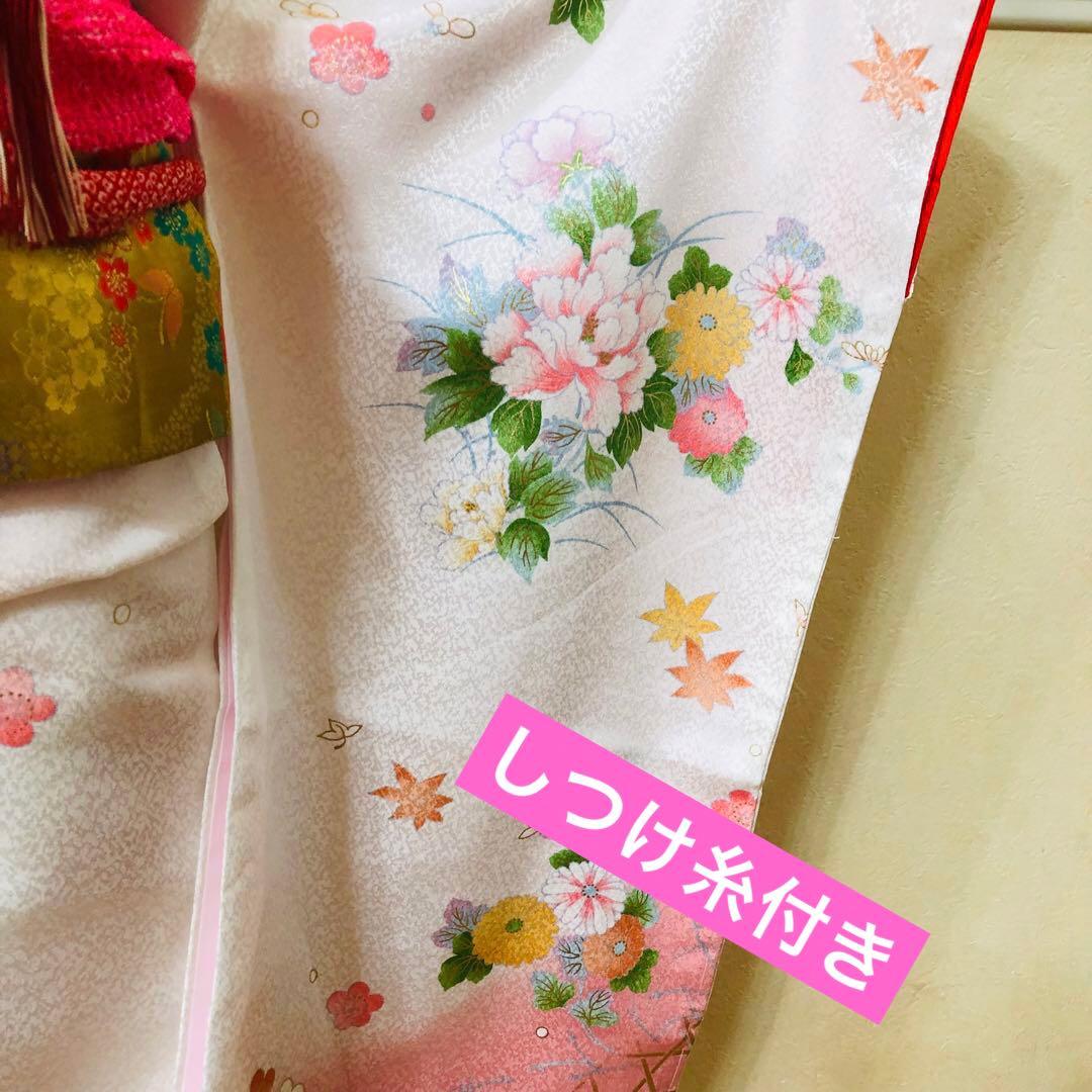 七五三七歳❣️四つ身着物未使用⭐︎白地に花々金彩煌びやか絢爛⭐︎完全フルセット銘品