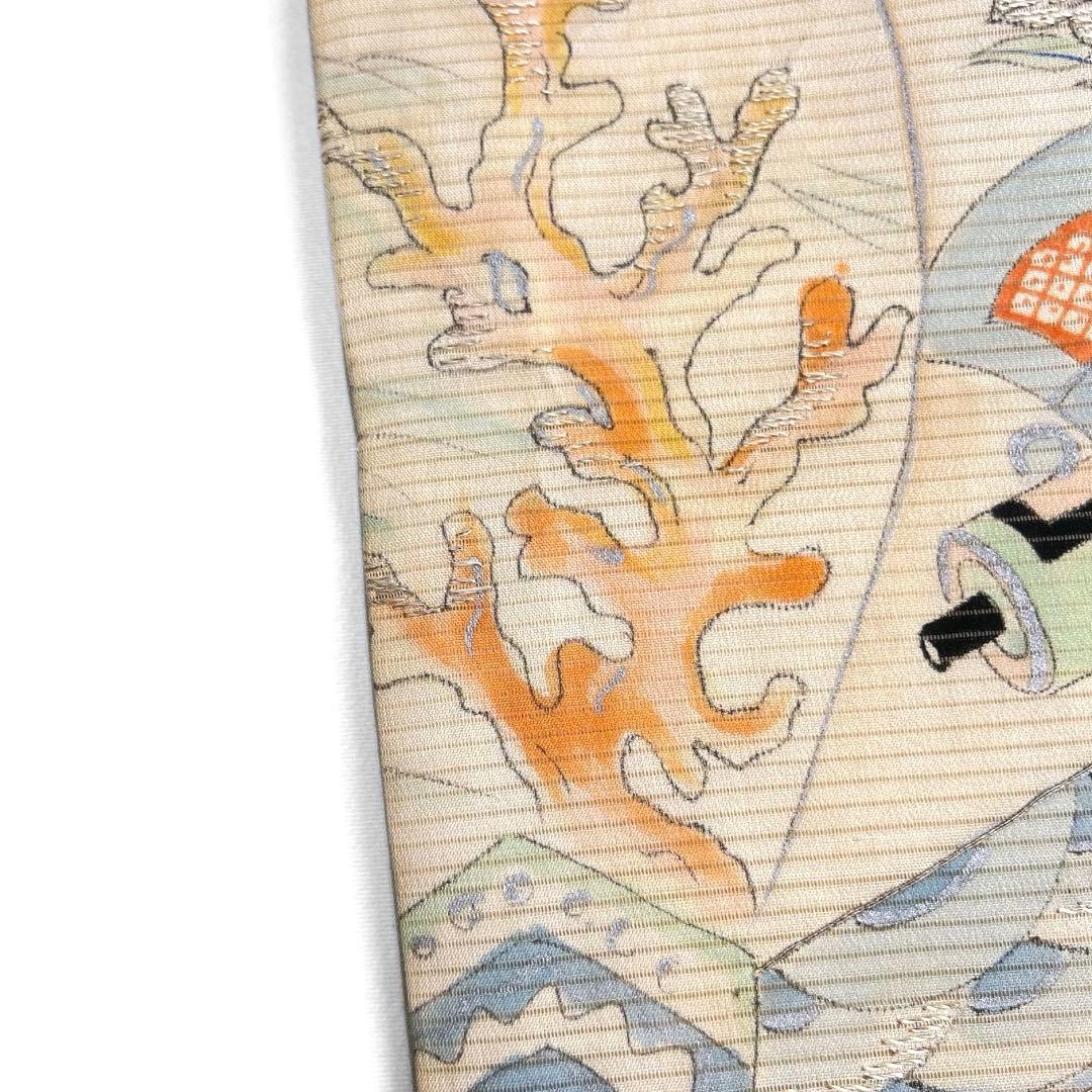 アンティーク　袋帯　リバーシブル　絽　桔梗　波　貝　珊瑚　着物　075a d