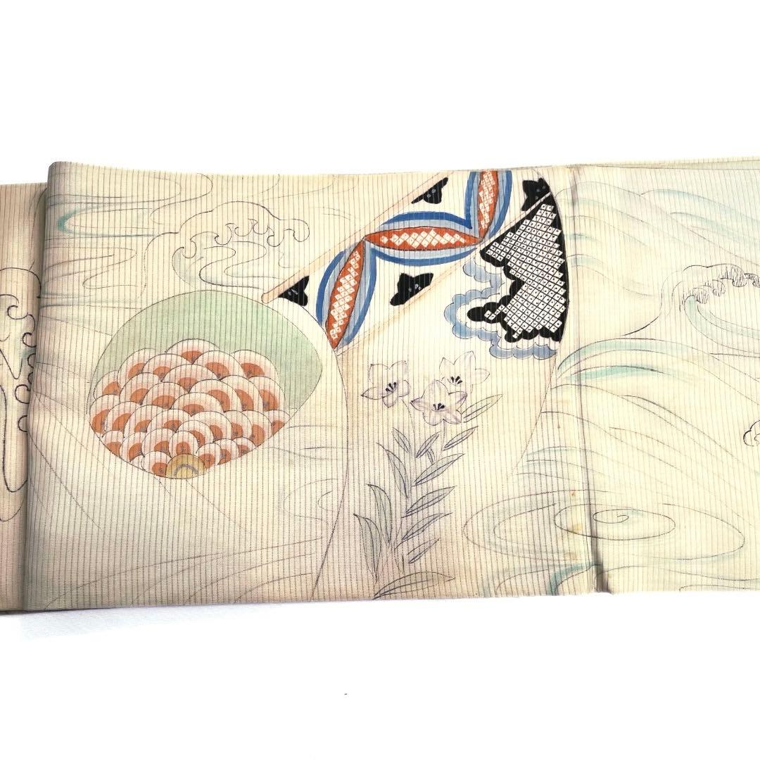 アンティーク　袋帯　リバーシブル　絽　桔梗　波　貝　珊瑚　着物　075a d