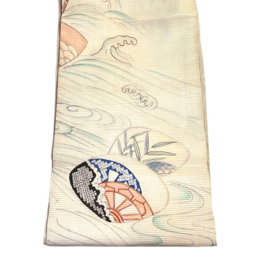 アンティーク　袋帯　リバーシブル　絽　桔梗　波　貝　珊瑚　着物　075a d