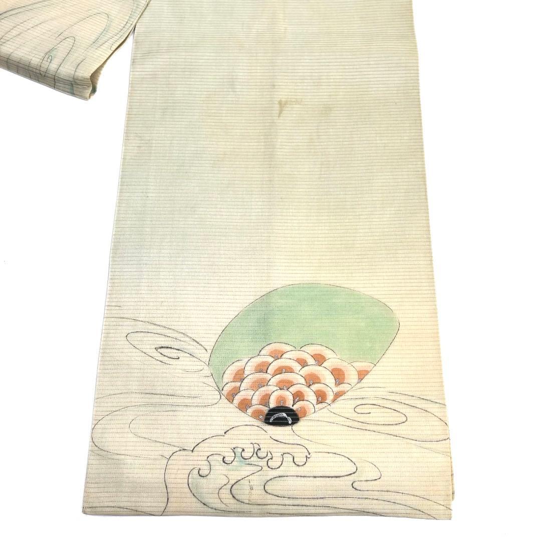 アンティーク　袋帯　リバーシブル　絽　桔梗　波　貝　珊瑚　着物　075a d