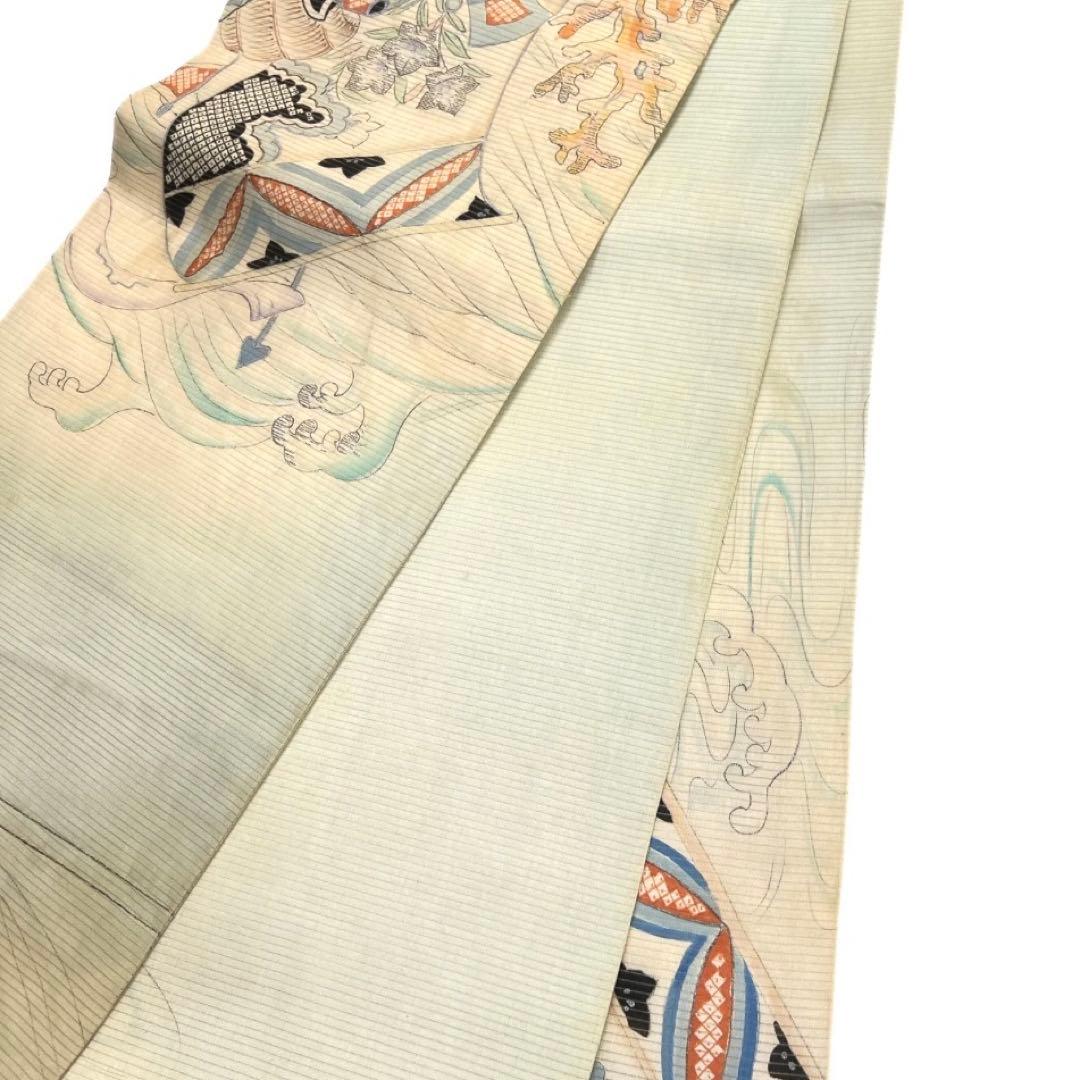 アンティーク　袋帯　リバーシブル　絽　桔梗　波　貝　珊瑚　着物　075a d