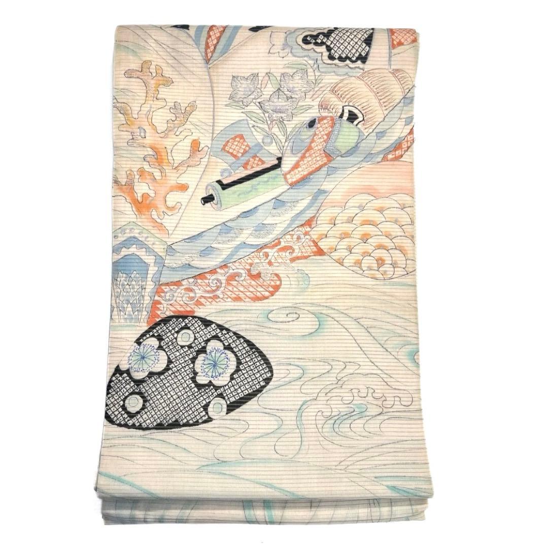 アンティーク　袋帯　リバーシブル　絽　桔梗　波　貝　珊瑚　着物　075a d