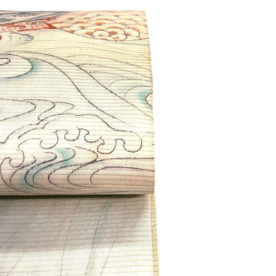 アンティーク　袋帯　リバーシブル　絽　桔梗　波　貝　珊瑚　着物　075a d