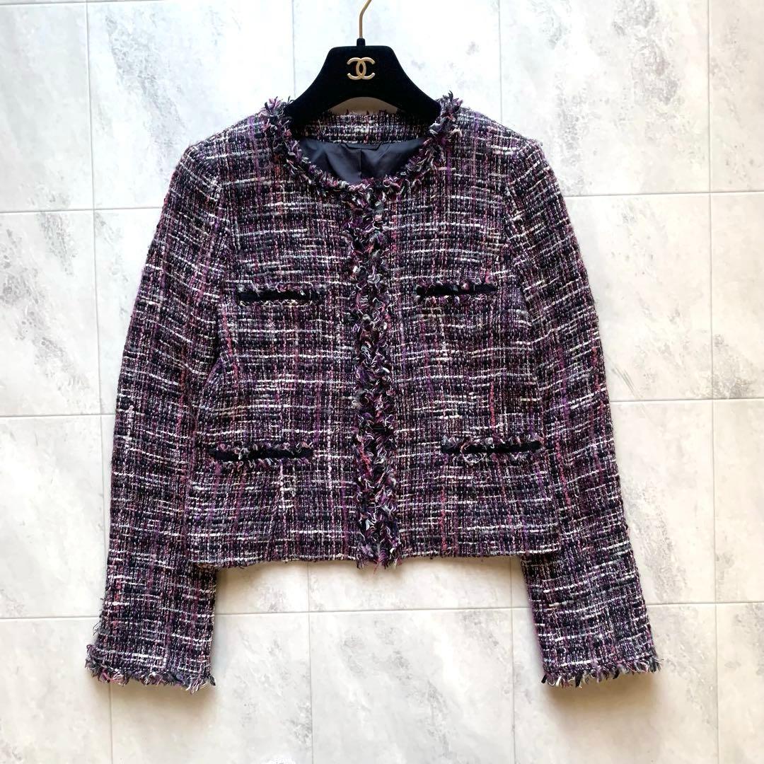 ANAYI アナイ ノーカラー ツイード ジャケット フリンジ 38