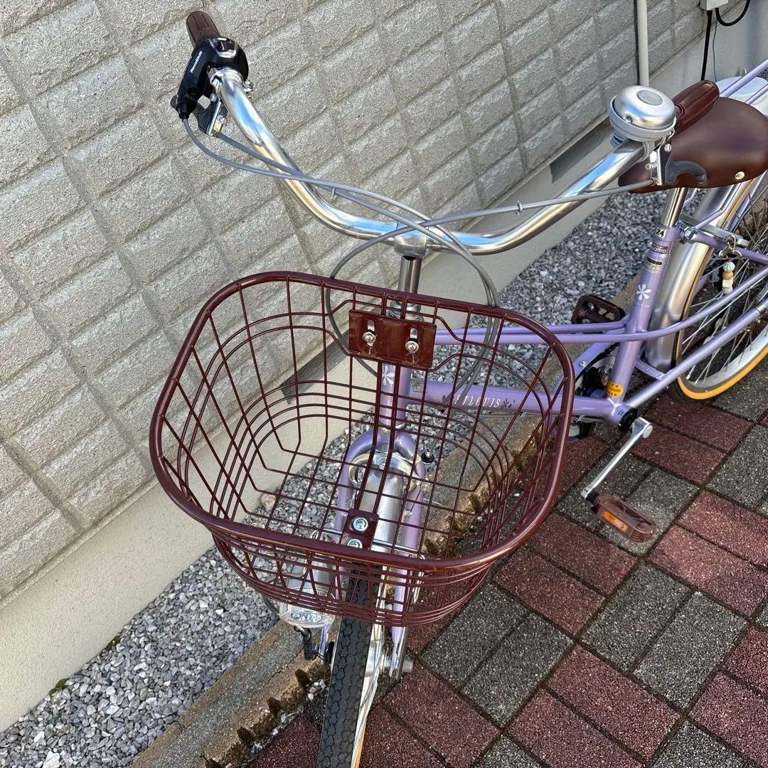 美品　 子ども　24インチ　自転車　パープル シティサイクル バスケット付き