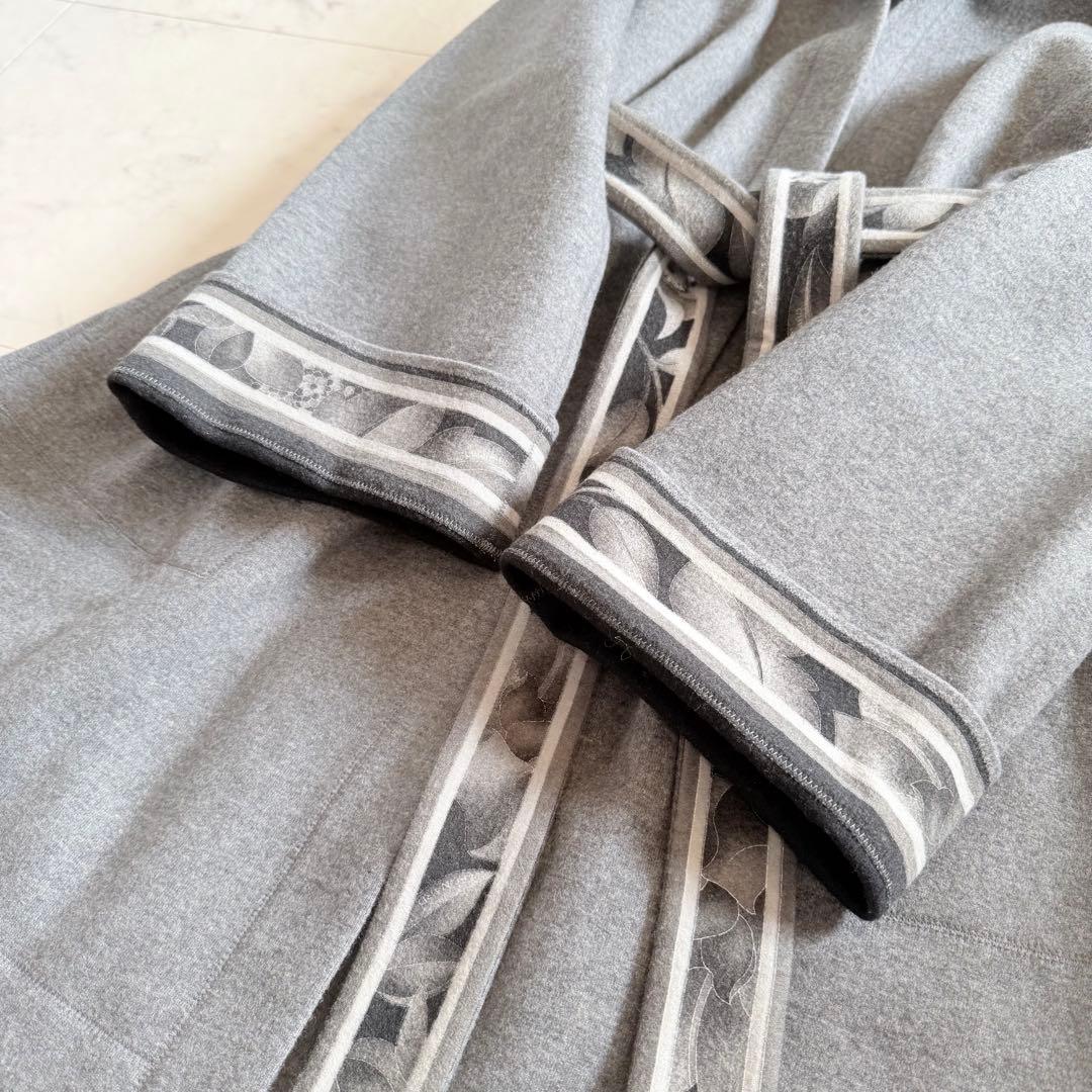 美品★レオナール フーデッドコート ダブルフェイス 花柄 トリム ベルト XL