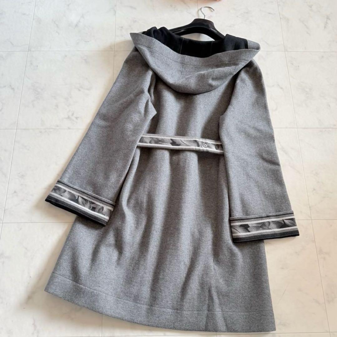 美品★レオナール フーデッドコート ダブルフェイス 花柄 トリム ベルト XL