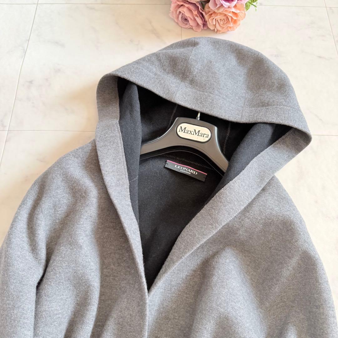 美品★レオナール フーデッドコート ダブルフェイス 花柄 トリム ベルト XL