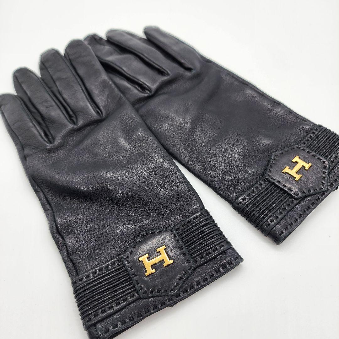 【 高級ラムスキン 】 エルメス　手袋　レザーグローブ　Ｈロゴ　ゴールド金具