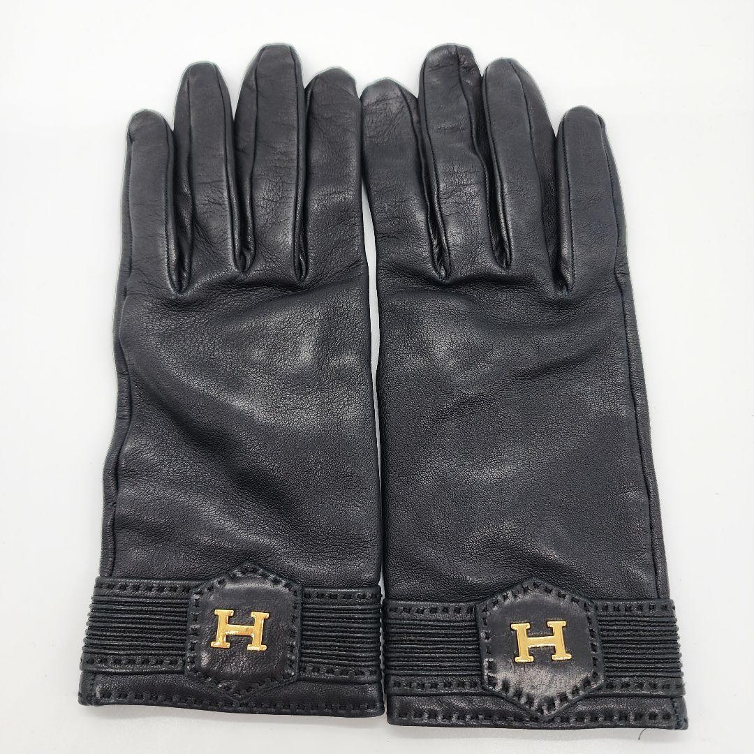 【 高級ラムスキン 】 エルメス　手袋　レザーグローブ　Ｈロゴ　ゴールド金具