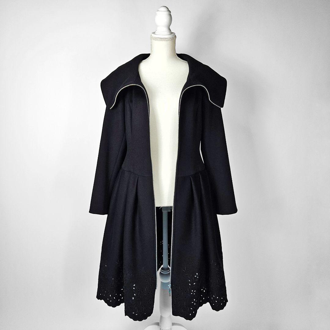 【新品同様】フォクシー　カシミヤ　コート　レース　刺繍　Aライン　タック　ウール